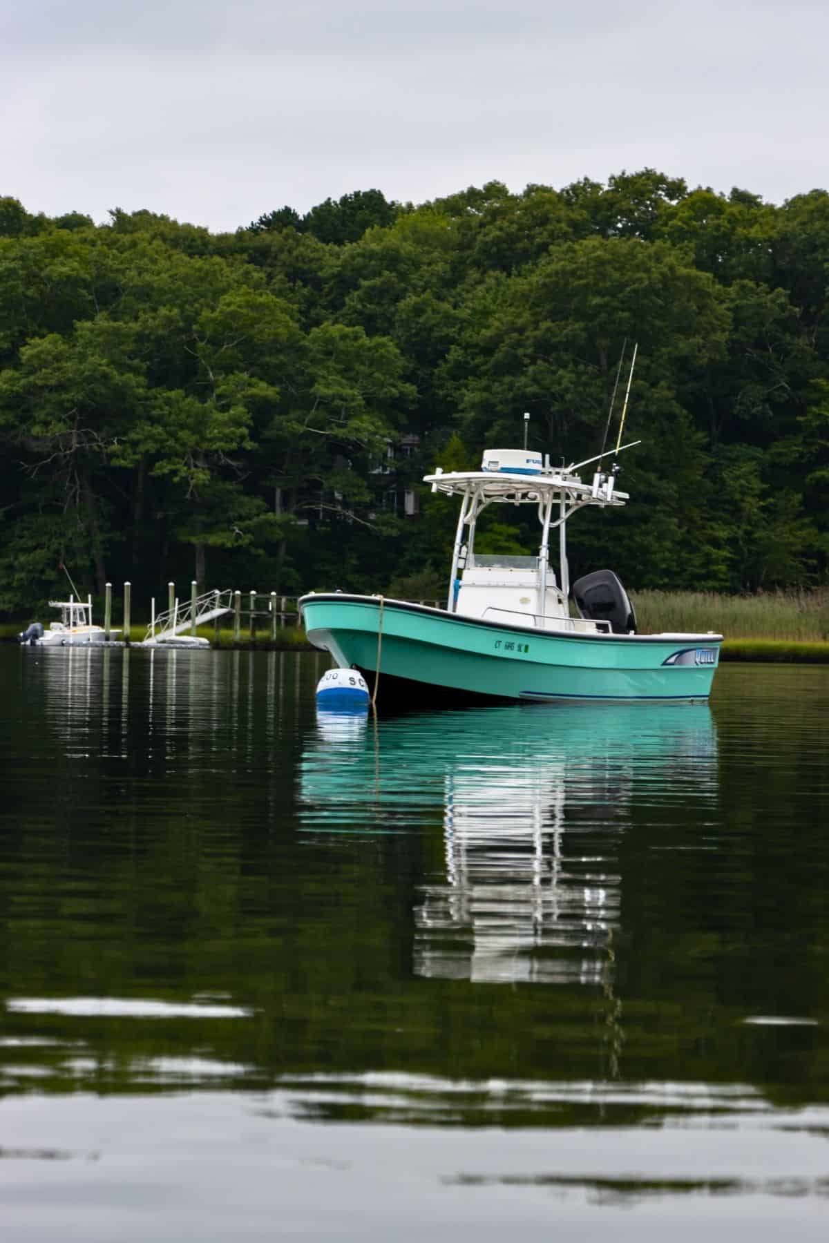 A turquoise motorboat is anchored in calm water near a wooded shoreline, with its reflection visible on the surface.
