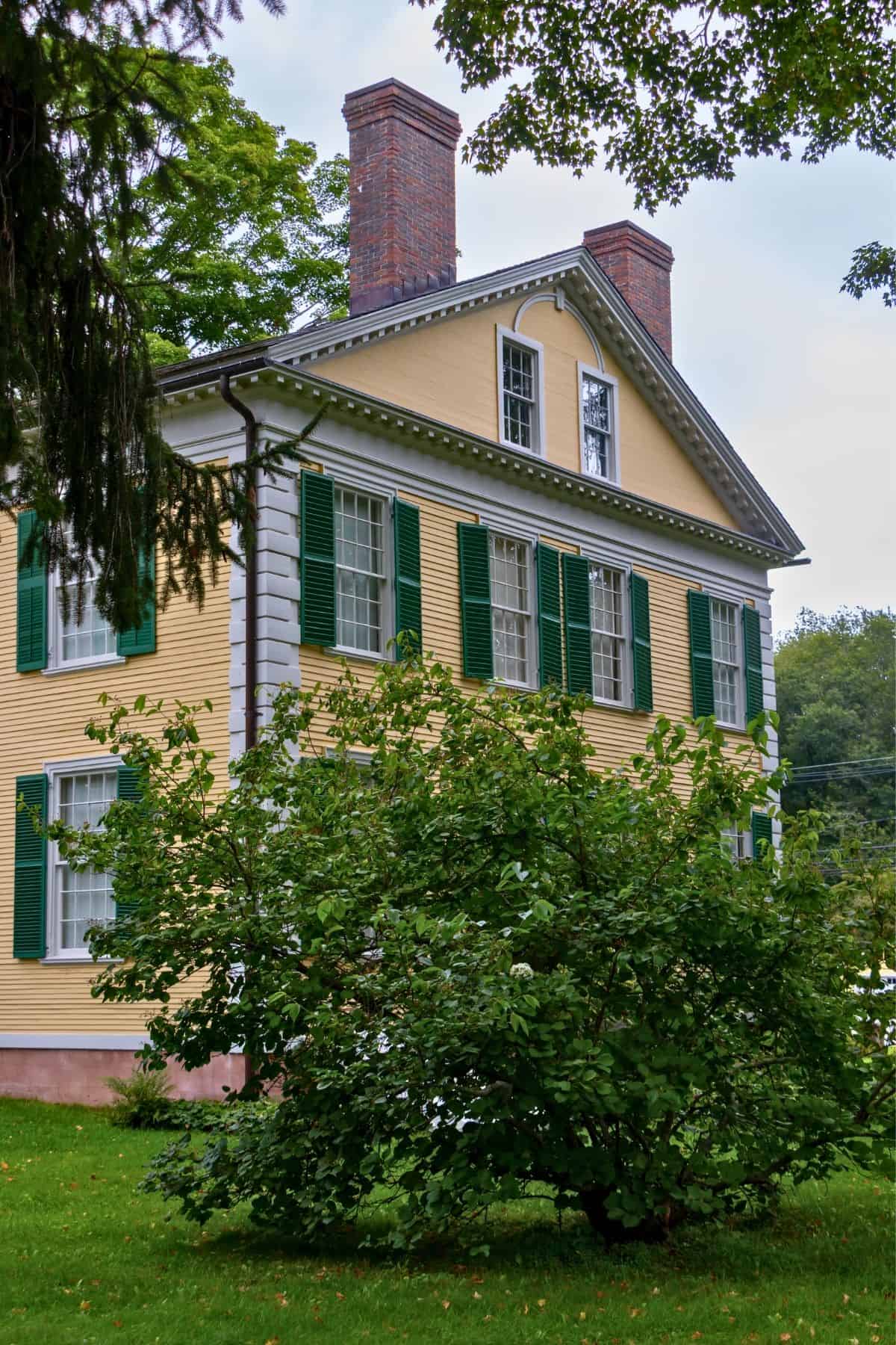 A two-story yellow house with green shutters, white trim, and two brick chimneys is partially obscured by a leafy bush in the foreground.