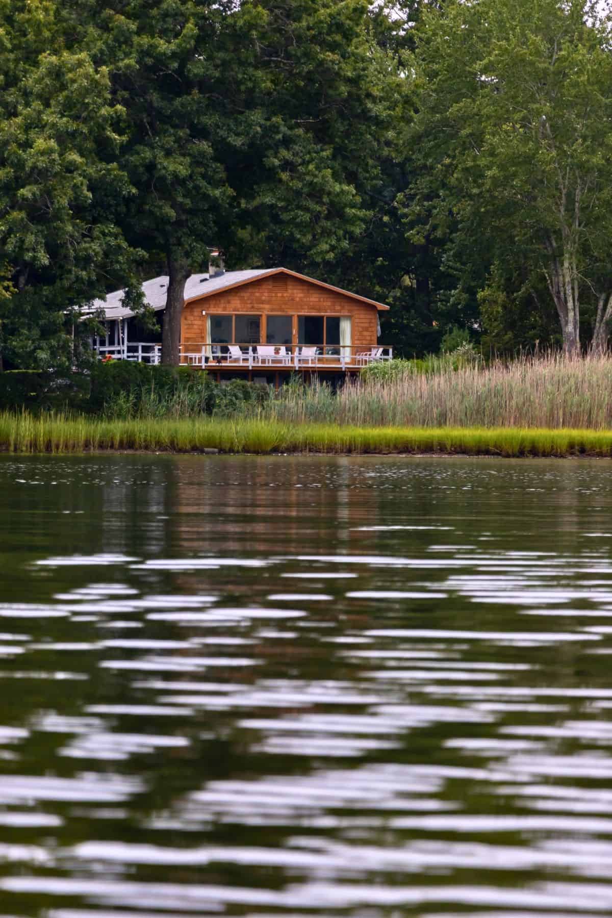 A wooden house with large windows sits near the edge of a lake, surrounded by tall grass and trees, with water in the foreground.