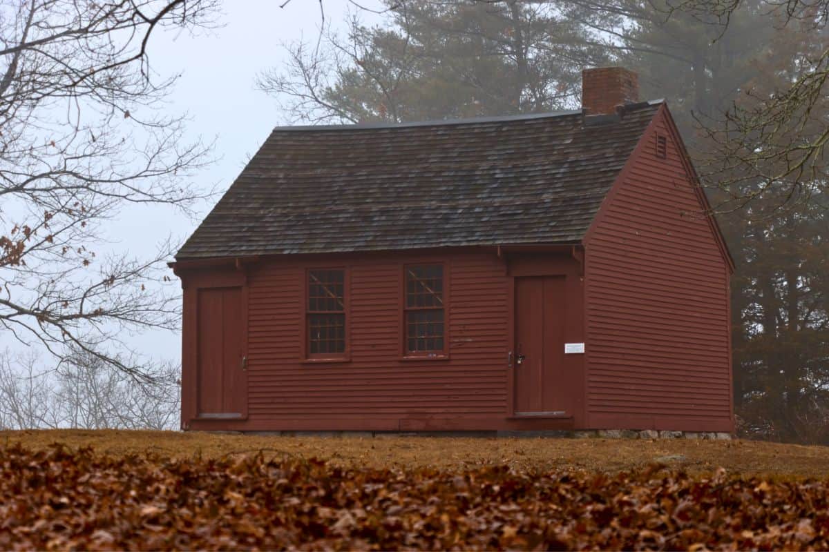 A small, red wooden cabin with a shingled roof sits on a leaf-covered ground, surrounded by bare trees and mist.