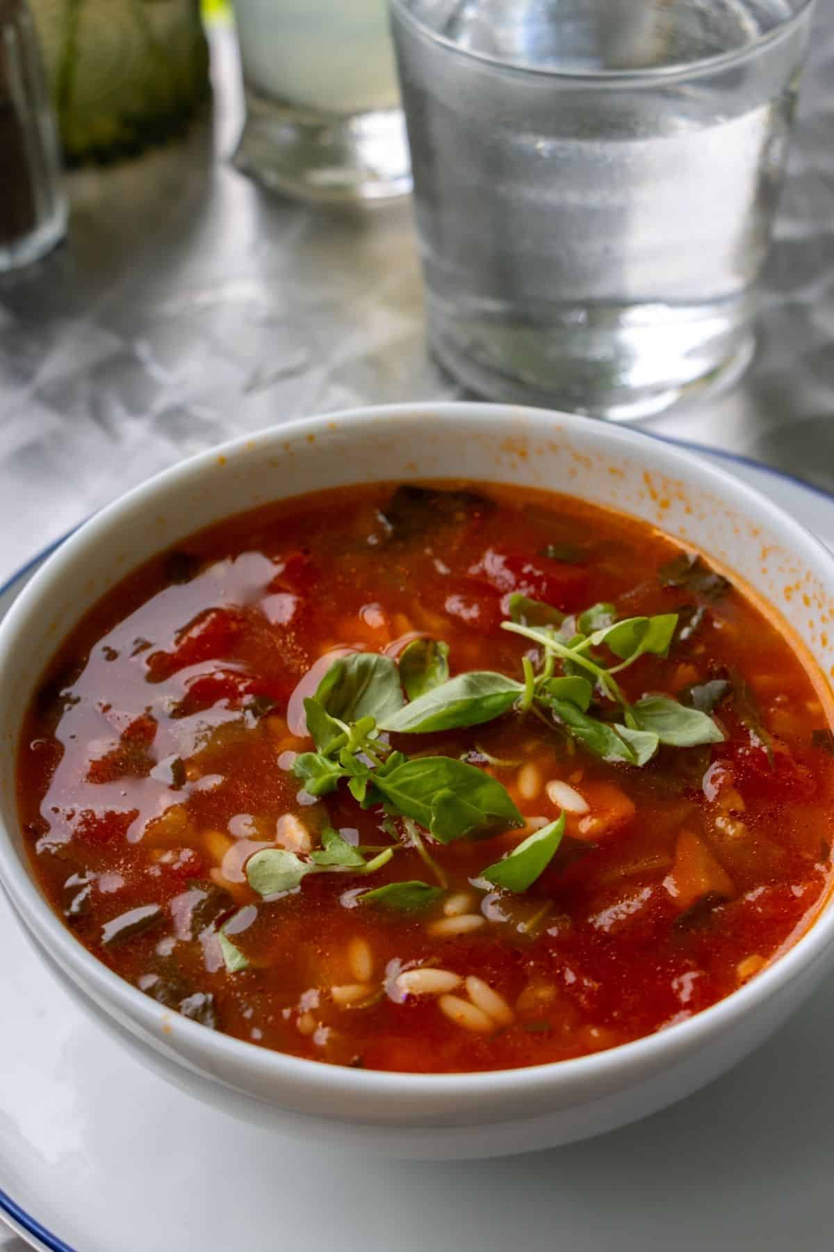 A bowl of vegetable soup with orzo pasta, tomato broth, and fresh basil garnish, served on a white plate next to a glass of water.