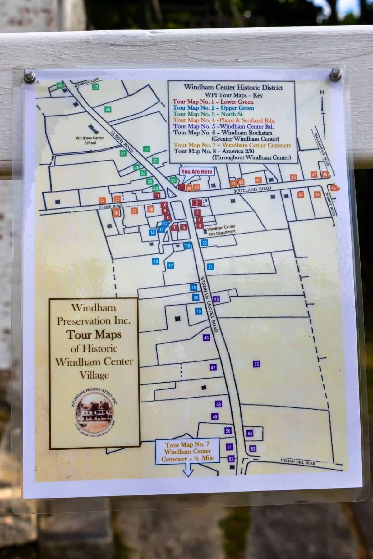 Map displaying Historic Windham Center Village with color-coded markers for tour stops, landmarks, and two cemeteries. Includes legend and title from Windham Preservation Inc.