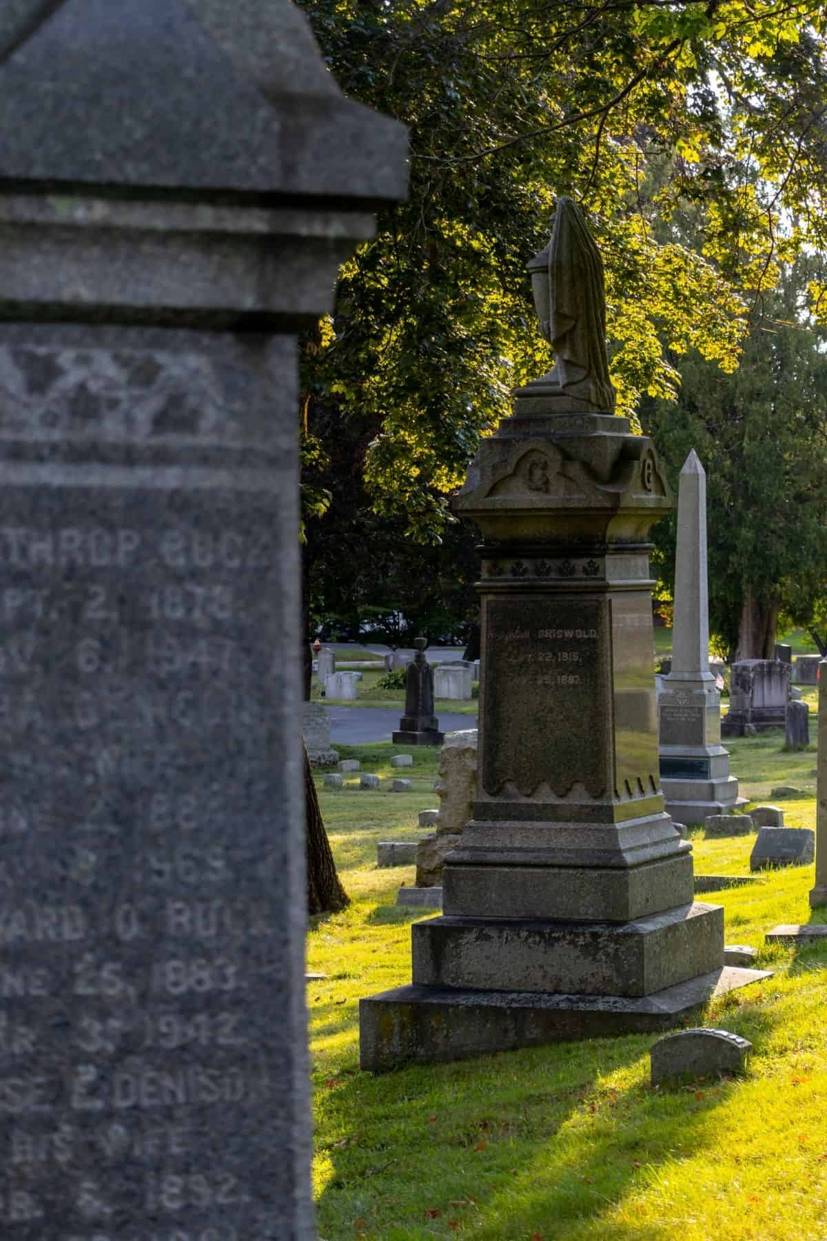 Rows of old gravestones stand in a cemetery with sunlight filtering through trees, casting shadows on the grass.