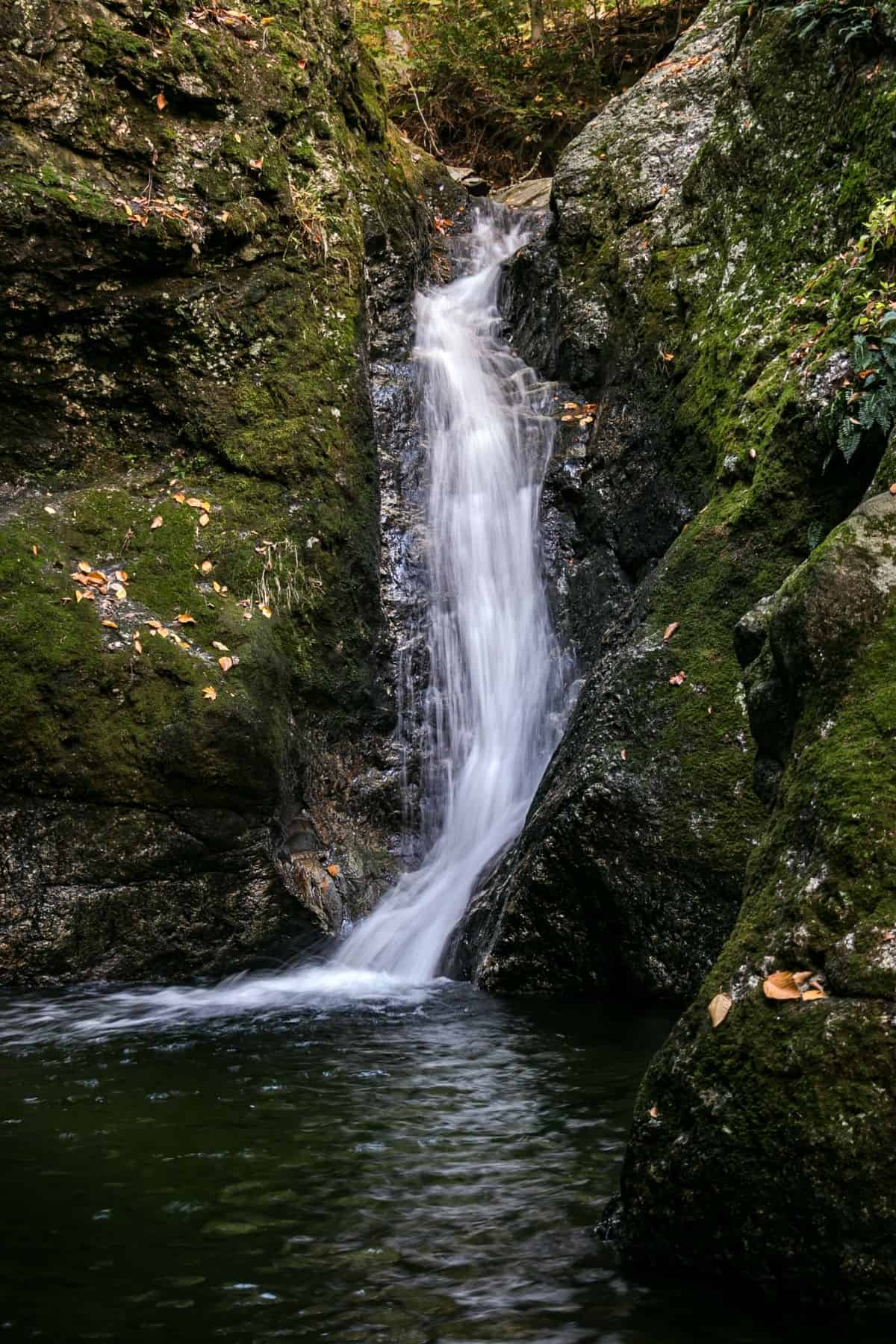 Tall, narrow waterfall flows down moss-covered rocks into a calm, dark pool surrounded by greenery and scattered fallen leaves.