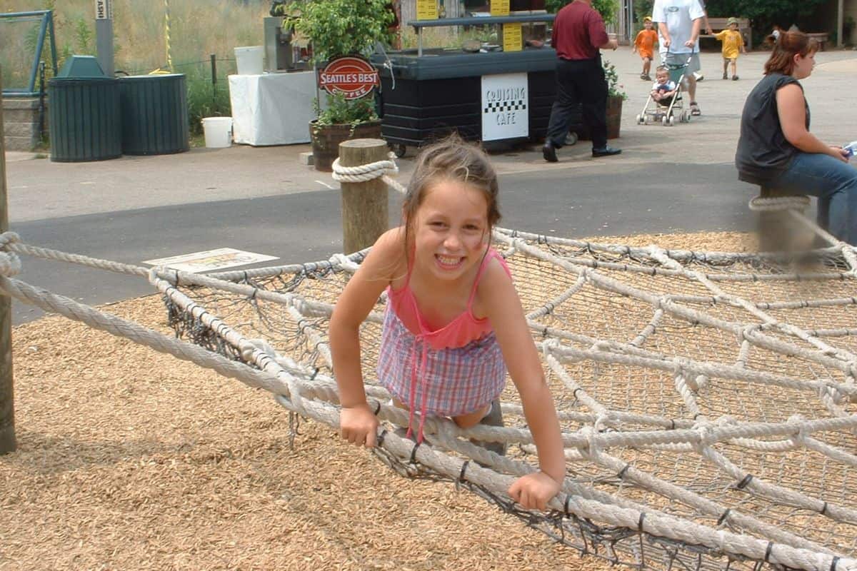 A young girl smiles while crawling across a rope climbing net at a park.