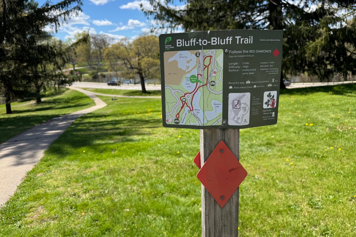 An informational sign for the Bluff-to-Bluff Trail, featuring a map, trail details, and a red diamond marker, mounted on a wooden post in a park.