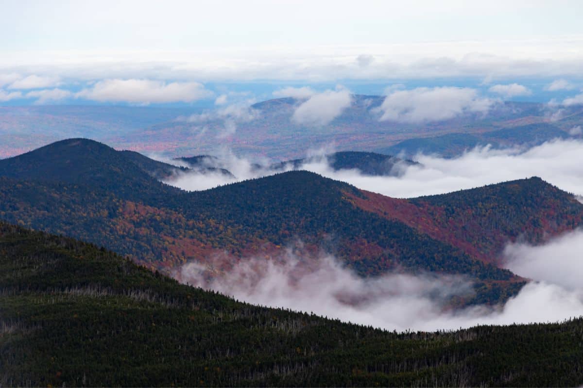 View from a mountain peak overlooking forested hills with autumn foliage partially obscured by clouds.