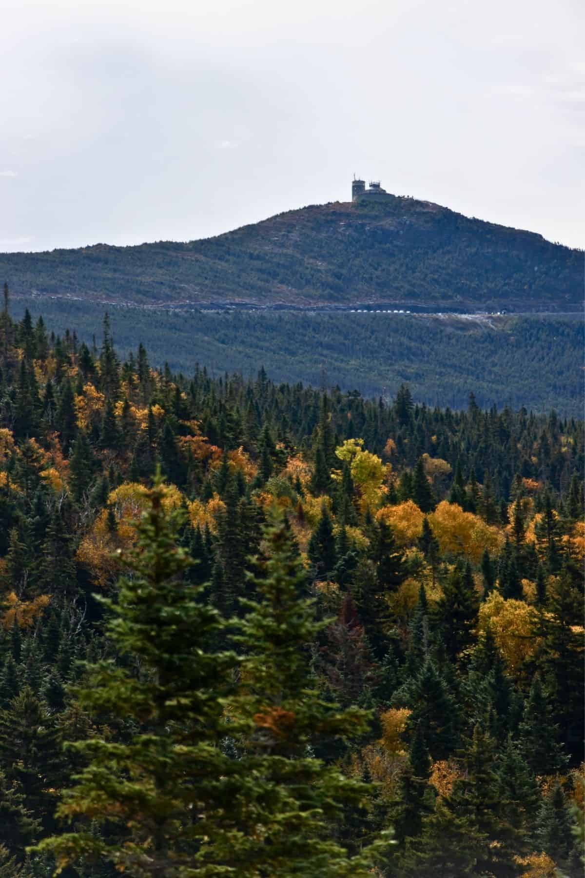 A mountain peak with a summit building overlooking a forest with patches of yellow autumn foliage.